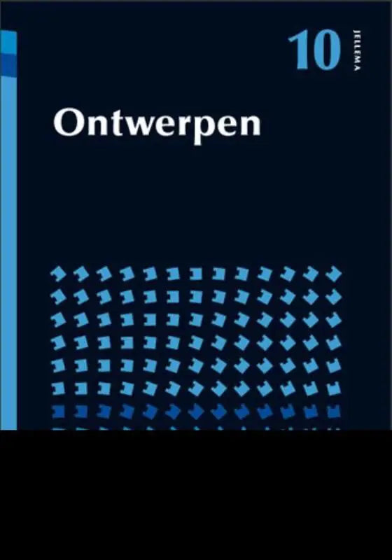 Donkerblauw boek ontwerpen met witte serif titel en lichtblauwe geometrische patronen onderaan jellema bouwproces