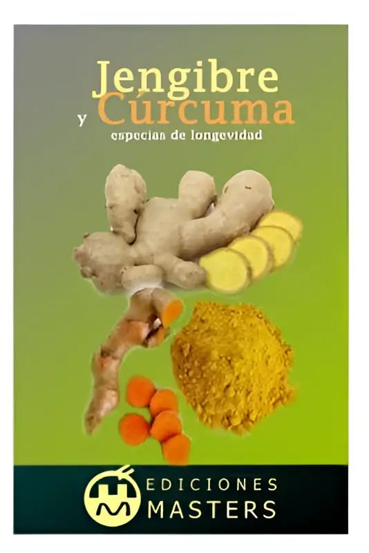 De boekomslag van Jengibre Y C toont een levendige groene achtergrond met verse gember, kurkuma en gele currypoeder