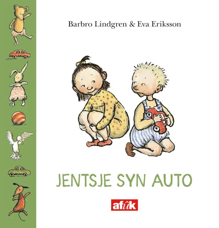 Children’s illustrated book cover jentsje syn auto with two cartoon children in soft watercolor style