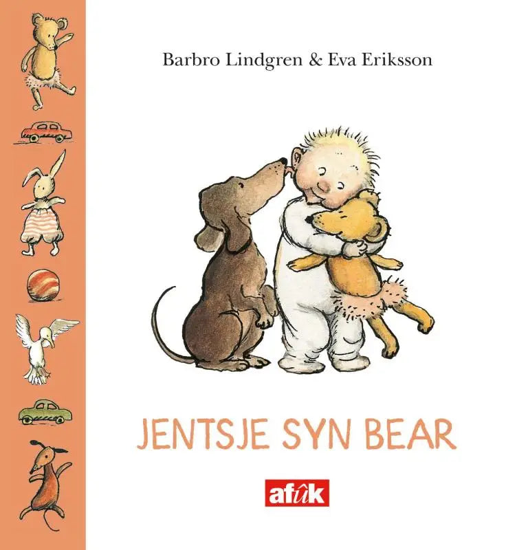 Een zachte geïllustreerde kinderboekenrug met jentsje syn bear met baby in witte pyjama en oranje teddybeer voor jonge lezers