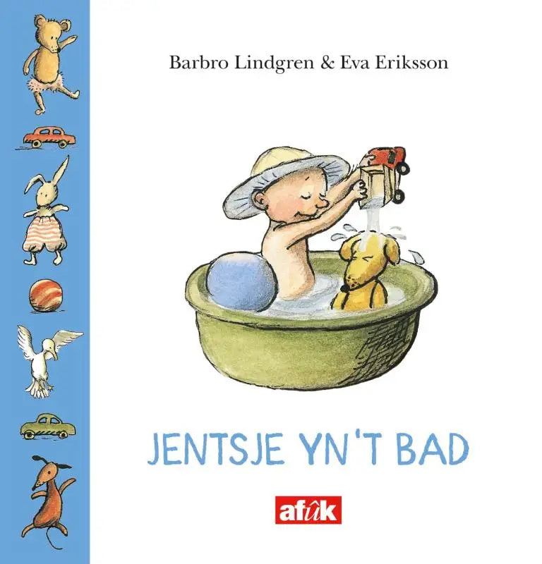 Een kind met een strohoed giet water uit een rode speelgoedauto in een groene bak met een gele hond voor jonge lezers in jentsje yn t bad