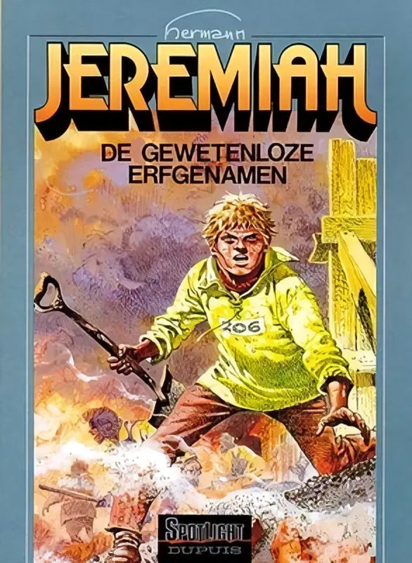 Een levendige geelgroene hoodie genaamd jeremiah gedragen door een jonge jongen in een strips algemeen avontuur illustration
