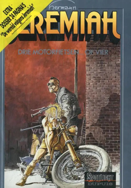 Cover van het stripboek jeremiah door hermann met gestileerde illustratie en gele zwarte letters op roodachtige achtergrond voor informatieve strips