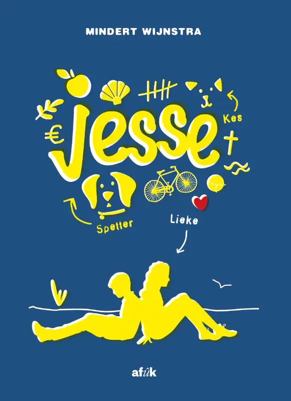 Gele geïllustreerde boekcover van jesse door mindert wijnstra met speelse doodles en silhouetten op blauwe achtergrond