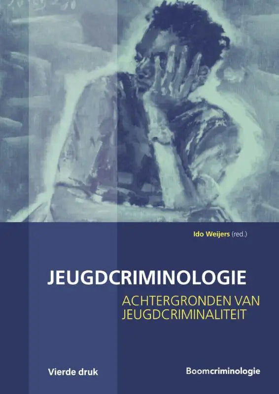 Blauwe en witte geïllustreerde boekomslag van jeugdcriminologie met gestileerd portret, uitgegeven door koninklijke boom uitgevers