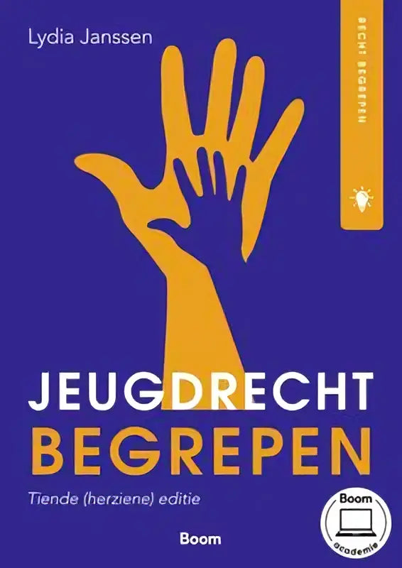 De boekcover van jeugdrecht begrepen door koninklijke boom uitgevers toont twee gele handsilhouetten op paarse achtergrond
