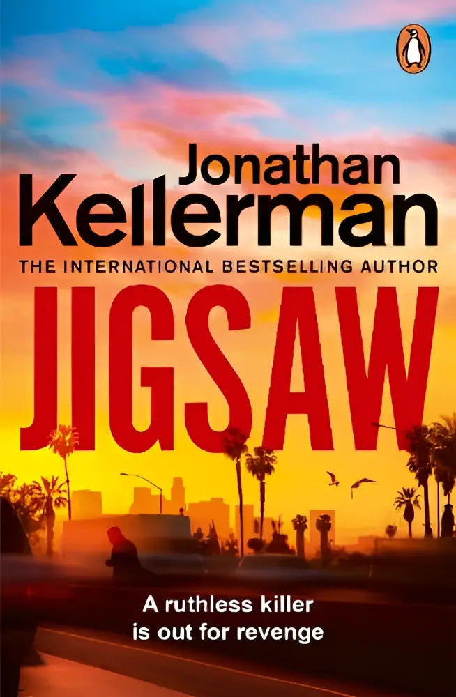 De boekomslag van jigsaw toont de titel in vet rood met auteur jonathan kellerman en het penguin logo