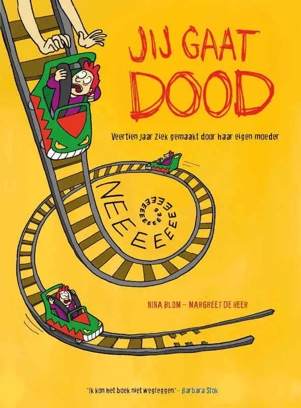 Vibrant gele graphic novel gaat dood met cartoon kinderen op achtbanen door nina blom en margreet de heer
