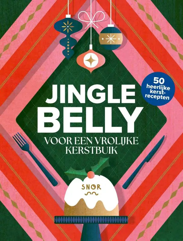 Jingle belly kookboek cover met vrolijke kerstbuik thema toont feestelijke kerstornamenten en dessert met snor tekst
