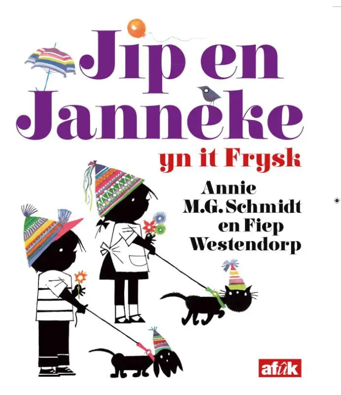 Purple en red stylized text reading jip en janneke yn it frysk on white background for jonge lezers product
