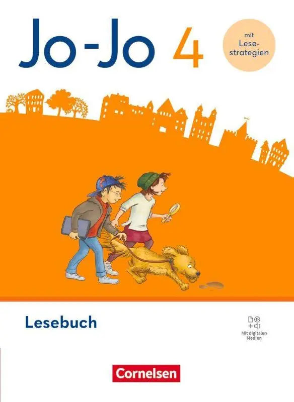 Jo-jo lesebuch allgemeine ausgabe mit orangenem einband und lernspurenheft und cartoonillustration von kindern und hund