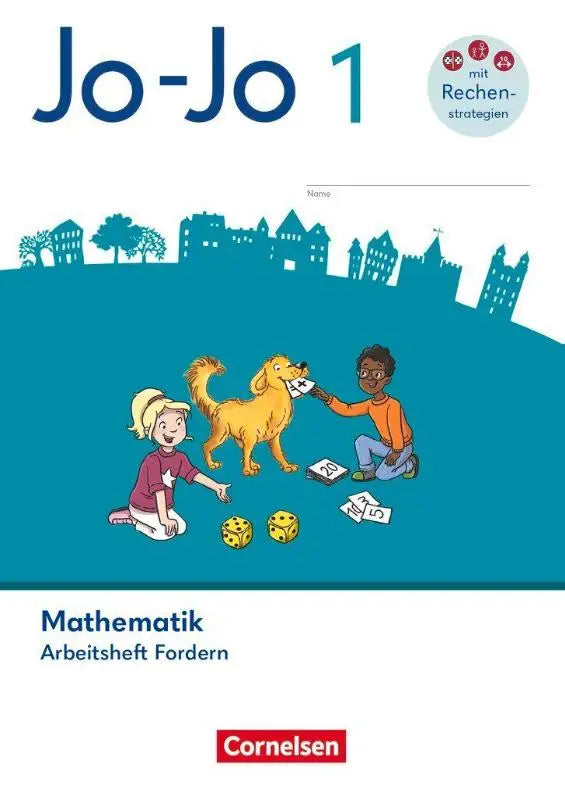 Jo-jo mathematik arbeitsheft fordern für 1 schuljahr mit teal cover und illustration von kindern und hund mit würfeln