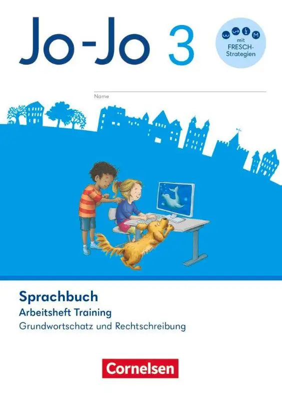 Jo-jo sprachbuch allgemeine ausgabe arbeitsheft training mit blauem cover zeigt kinder und katze am computer