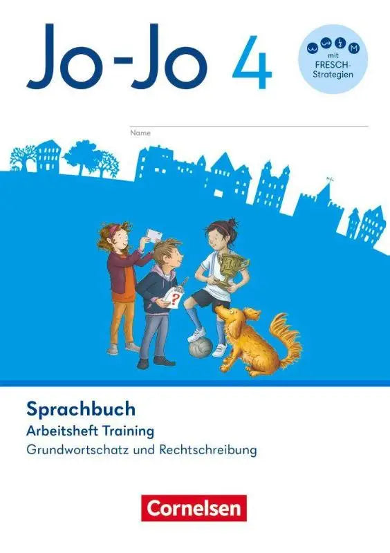 Blauw omslag jo-jo sprachbuch 4 schuljahr algemene ausgabe werkboek met illustraties kinderen en hond grundwortschatz und rechtschreibung
