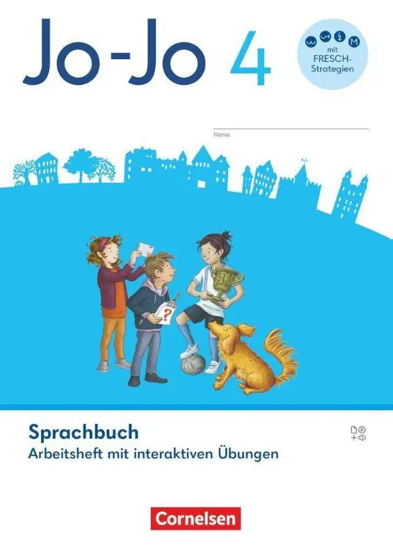Jo-jo sprachbuch allgemeine ausgabe arbeitsheft mit interaktiven übungen zeigt blaues cover mit kindern und hund