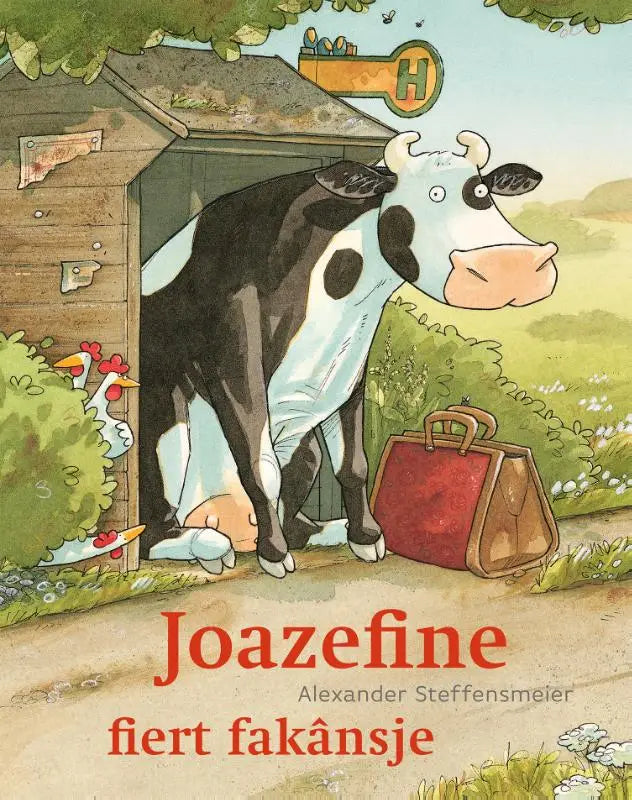 Een rode leren koffer met bruine handgrepen staat naast een zwart-witte koe in joazefine fiert fakânsje