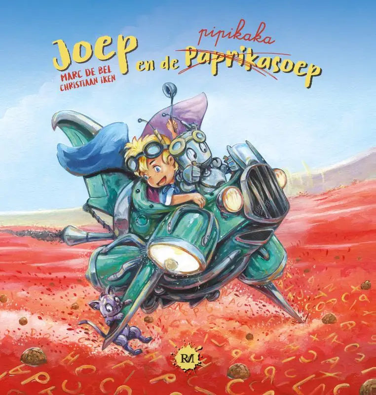 Groene cartoonmotorfiets met kind en robotrijder uit joep en de pipikakasoep voor jonge lezers