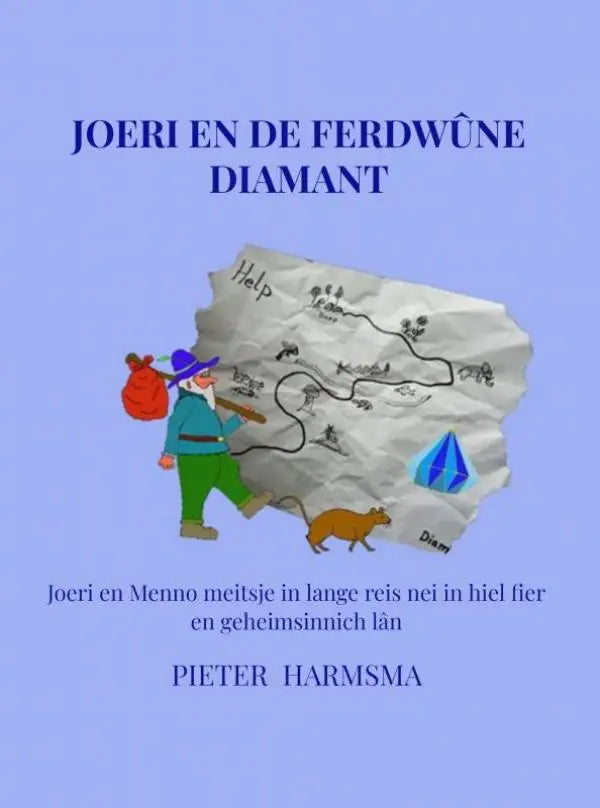Een verfrommeld beige papieren kaart met handgetekend pad en gemarkeerde plaatsen voor joeri en de ferdwûne diamant lange reis nei