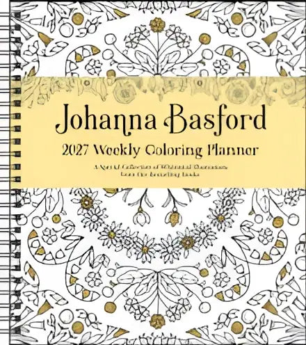 Johanna basford 2027 weekly coloring calendar met gedetailleerde zwarte inkt bloemen en gouden accenten op witte achtergrond