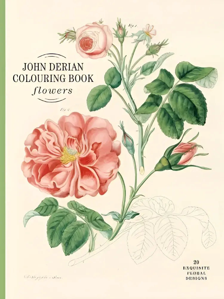A soft pink and green botanical illustration of roses on the cover of the John Derian colouring book Flowers