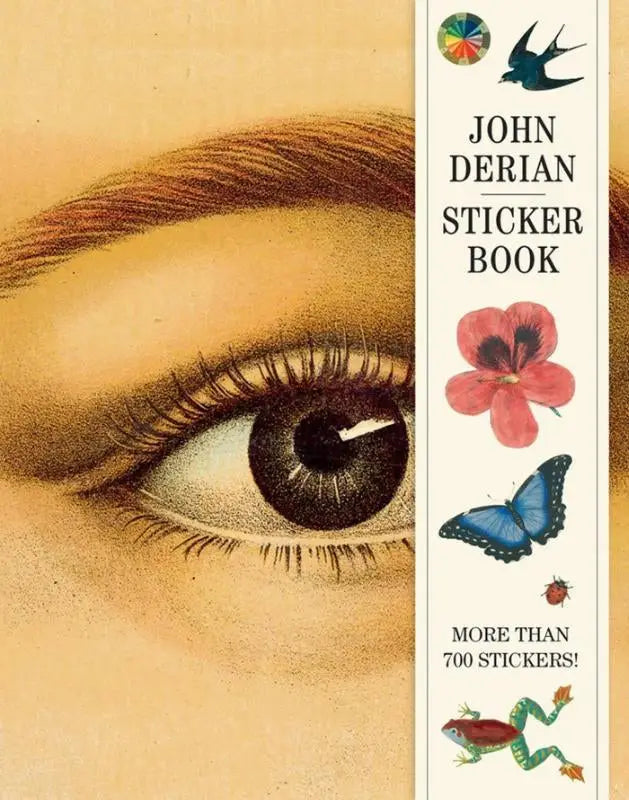 John derian sticker book featuring a detailed eye illustration with brown lashes and colorful floral and insect stickers