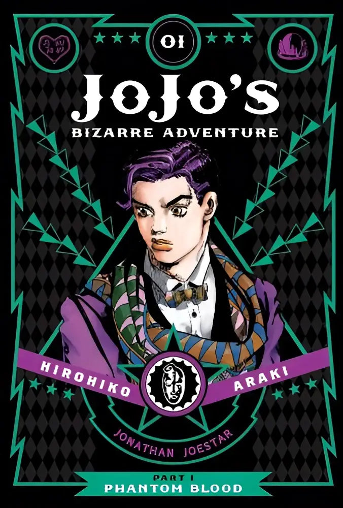 De cover van jojo’s bizarre adventure part 1 phantom blood manga met paarse haar en een ornamentale jas op zwarte achtergrond