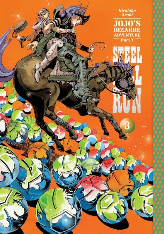 Vibrante oranje manga cover van jojo’s bizarre adventure part 7 steel ball run met twee karakters te paard tussen kleurrijke glanzende ballen