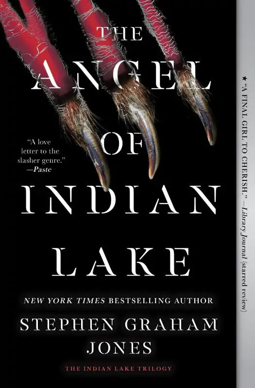 De omslag van jones s angel of indian lake toont rode klauwen tegen een zwarte achtergrond binnen de indian lake trilogie