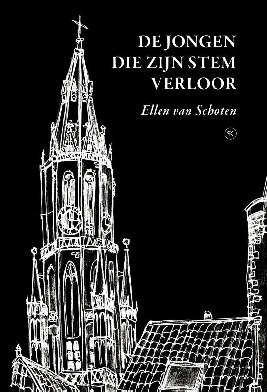 Zwart-wit geïllustreerde boekcover van de jongen die zijn stem verloor met gotische kerkentoren en klok