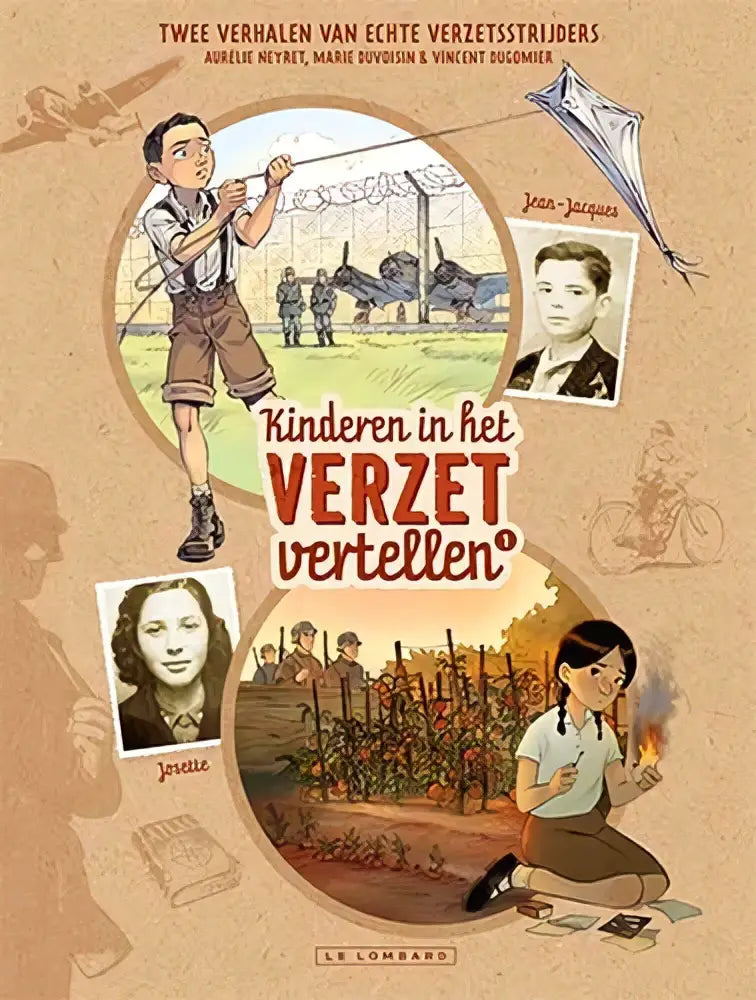 De cover van het geïllustreerde boek Josette en Jean-Jacques toont sepia strips en verzet vertellen foto’s in cirkels