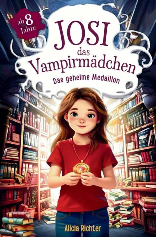 Een gouden medaillon met een gloeiend centrum gedragen door een meisje in rood in josi das spannende kinderboek das geheime medaillon