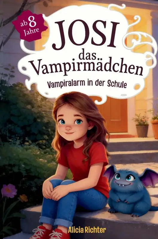 Cartoon meisje met bruin haar draagt een rood kort shirt in een spannend kinderboek over vampiers voor kinderen vanaf 8 jaar