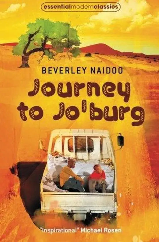 De cover van journey to jo burg door beverley naidoo toont een witte pickup met baby zus van naledi in woestijnlandschap