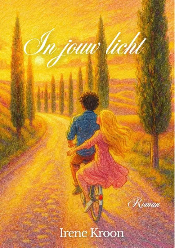 Romantisch geïllustreerd boekcover van in jouw licht met stel op de fiets op zonovergoten bosweg bij zonsondergang