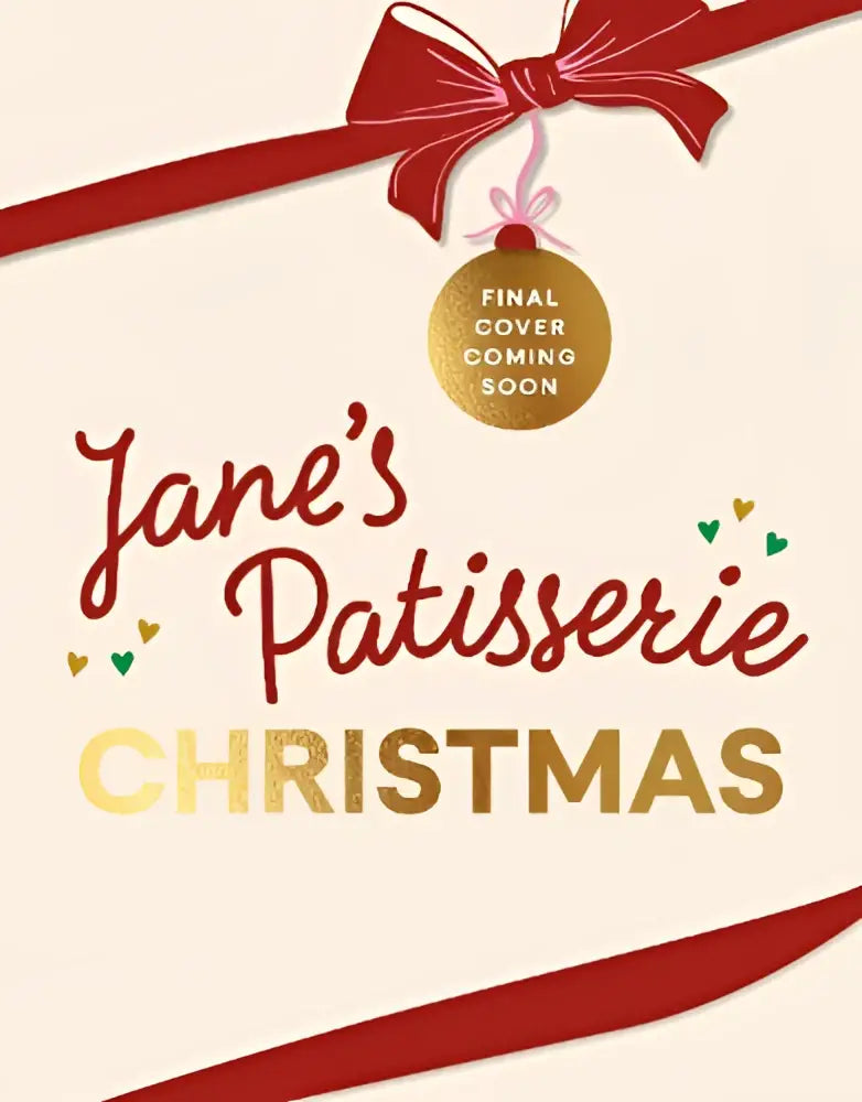Een gouden kerstbal met een rood lint en tekst final cover coming soon geschikt voor jane dunn ebury press culinaire inspiratie