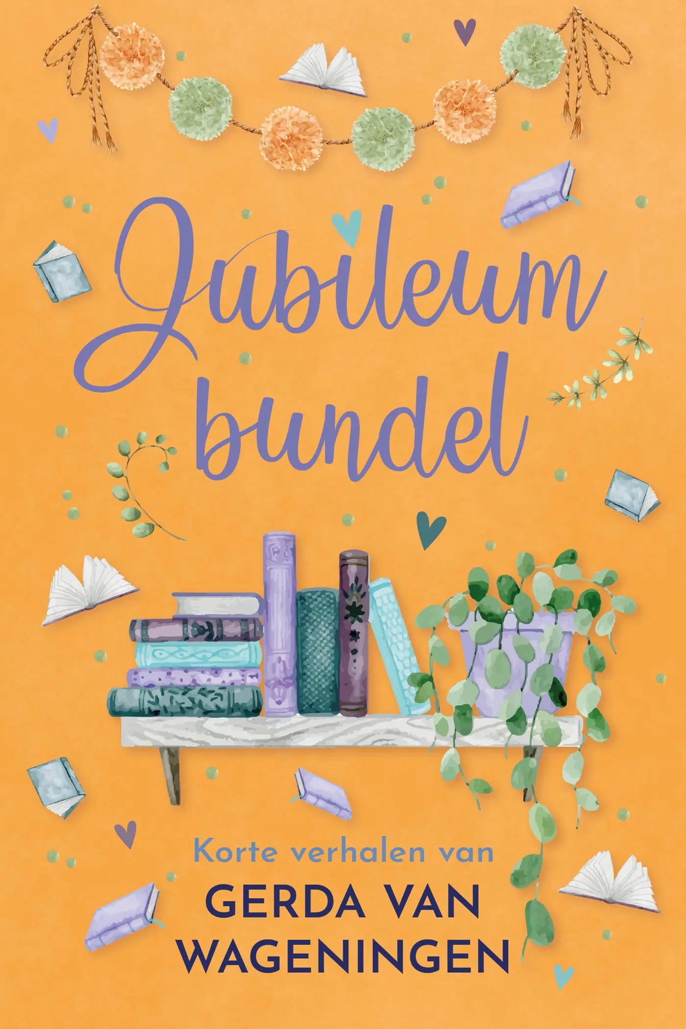 De jubileumbundel van Gerda van Wageningen heeft een oranje omslag met een illustratie van een kleurrijke boekenplank