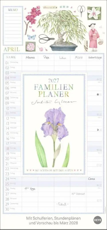 Judith glover familienplaner 2027 mit liebevoll illustrierter lila iris auf dem cover familienkalender mit spalten