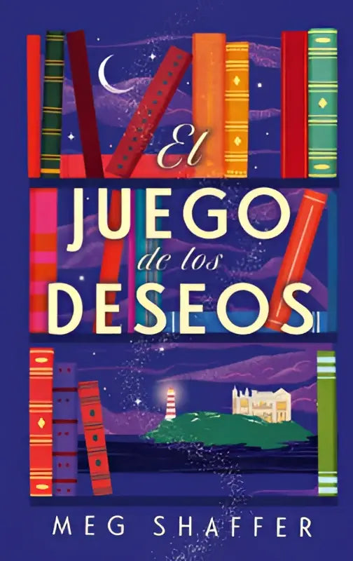 De boekcover van el juego de los deseos door meg shaffer toont kleurrijke boeken tegen een paarse nachthemel