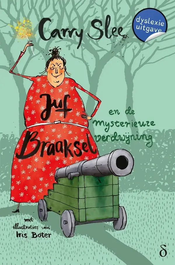Een cartoon van juf braaksel in een rode jurk met sneeuwvlokken naast een groene kanonwagen uit mysterieuze verdwijning