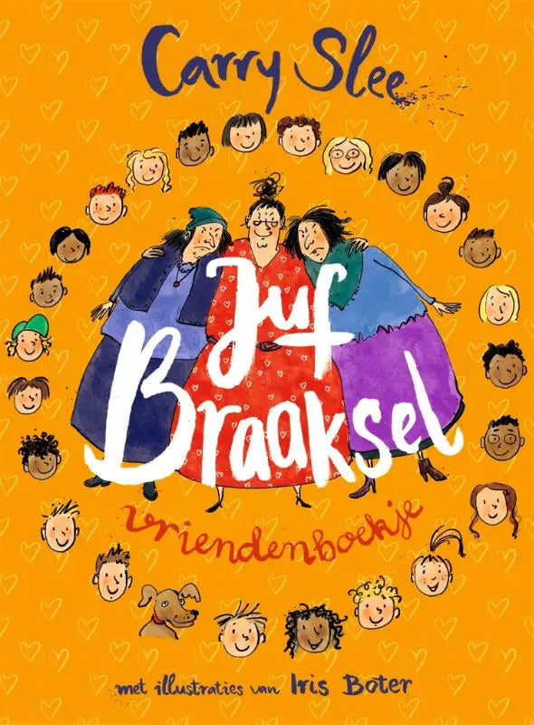 De oranje kaft van het juf braaksel vriendenboekje toont drie vrouwen in kleurrijke jurken met expressieve gezichten