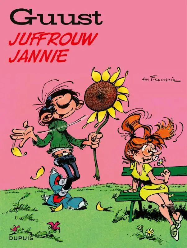 De cover van de comic juffrouw jannie toont een felroze achtergrond met guust flater best-of karakters van andré franquin