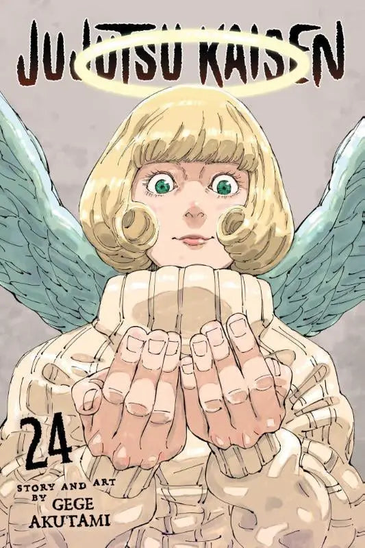 De cover van jujutsu kaisen volume 24 manga met een blonde personage met groene ogen en lichtblauwe vleugels in beige outfit