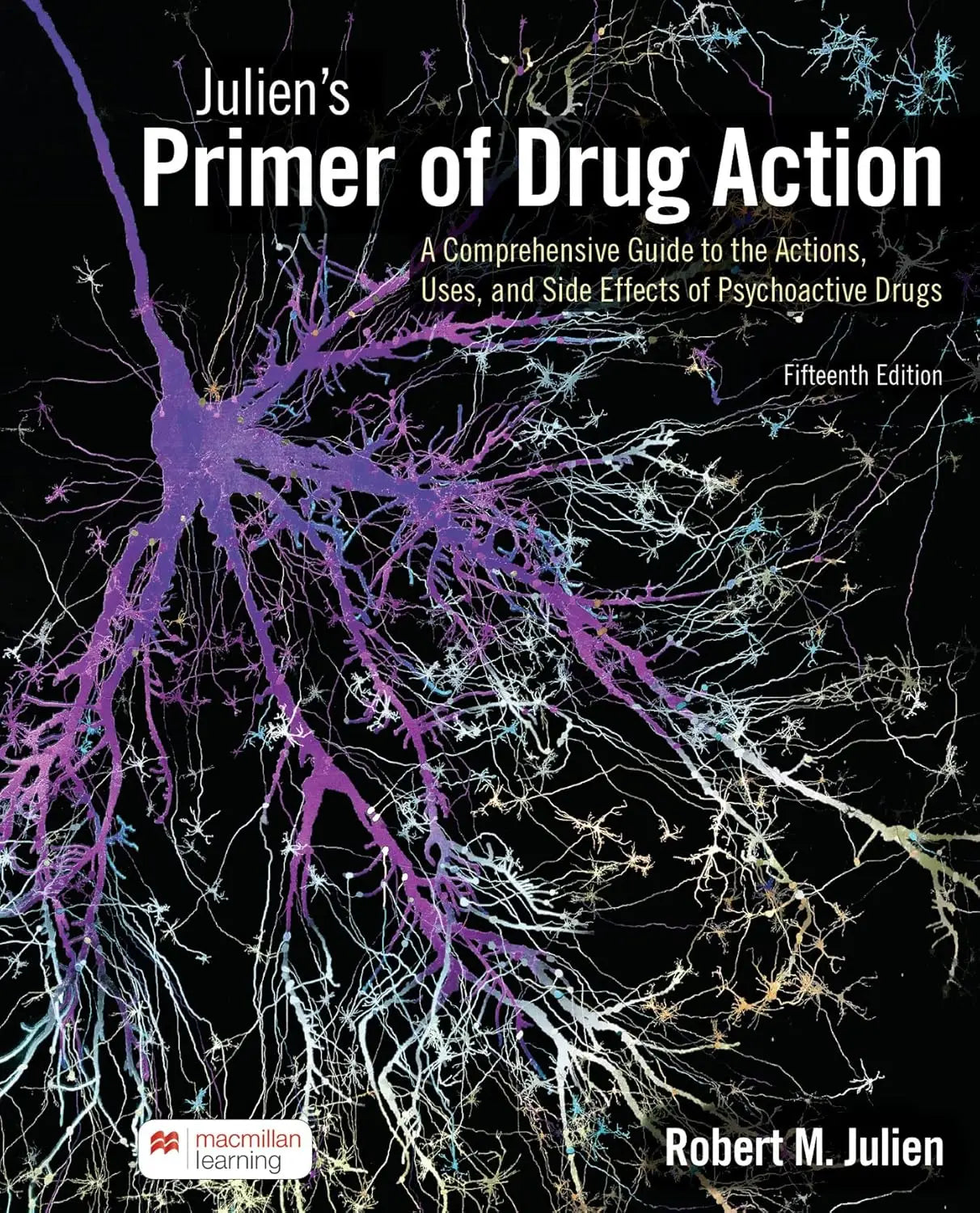 De omslag van juliens primer of drug action vijftiende editie medische leerboek met blauwe en witte accenten