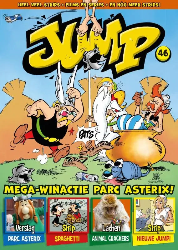 Levendige gele en zwarte jump 46 comic magazine cover met klassieke cartoonpersonages van charel cambré uitgeverij personalia strips algemeen