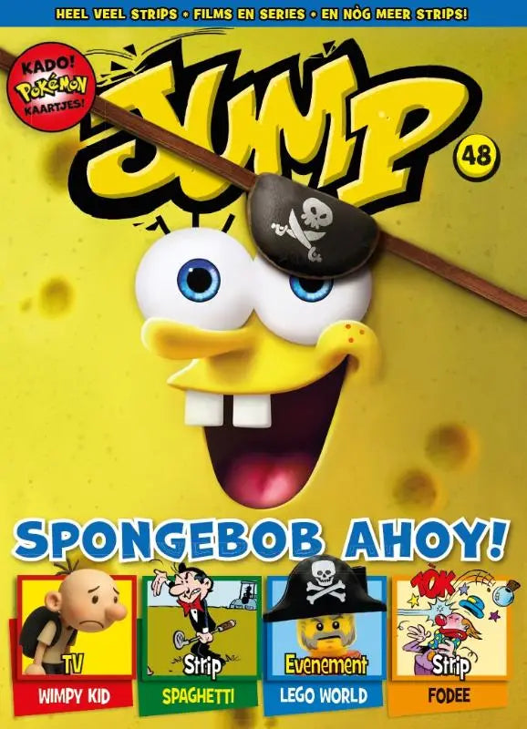 Spongebob squarepants met zwart piratenooglapje glimlachend met tong uit op de cover van jump 48 door charel cambré