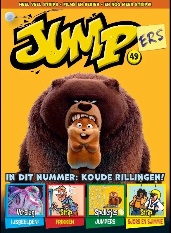 De cover van jump 49 toont een bruine, harige beer met boze blik die een kleine glimlachende eekhoorn vasthoudt van charel cambré frans hasselaar herman roozen