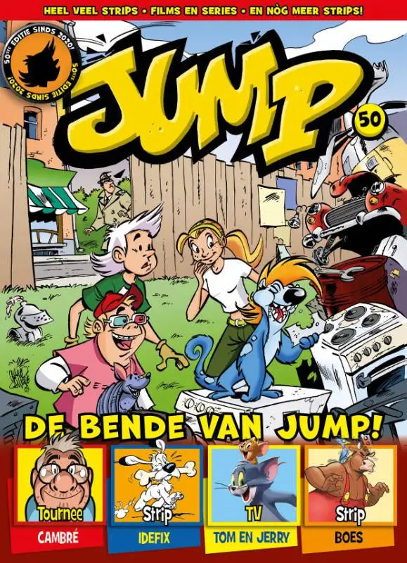 Cover van jump 50 magazine met kleurrijke charel cambré illustratie en stripfiguren tom en jerry in outdoor scene