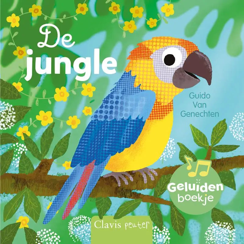 Een levendige geïllustreerde ara met felgekleurde veren in oranje blauw geel en rood op een tak voor jonge lezers