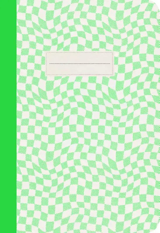 A lime green and white wavy checkerboard patterned junk this journal notebook with a blank label at the top