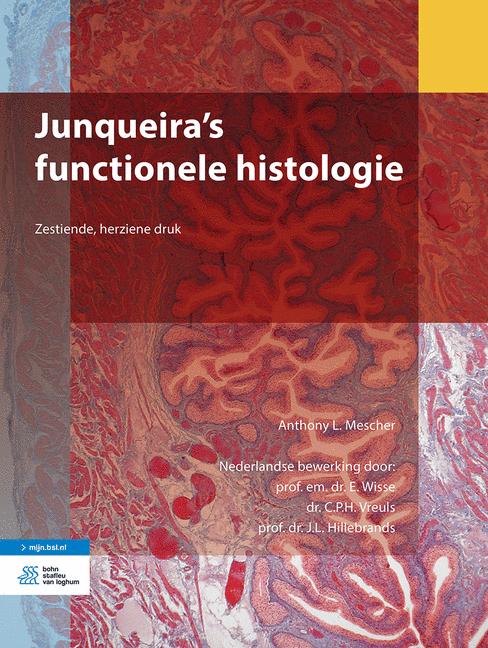 Omslag Junqueira’s functionele histologie 16e druk met roodgrijze weefselbeelden